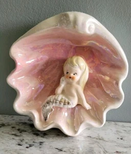 Vintage Norcrest Ceramic Mermaid Sea Shells Wall Plaque Figurine 1950s Pink - Picture 1 of 6