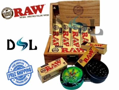RAW Wooden Deluxe Rolling Storage Box Gift Set Classic Smoking Papers Grinder