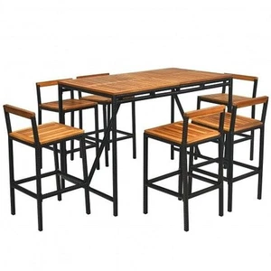 7 Pieces Acacia Wood Patio Rattan Bar Set with Umbrella Hole - Color: Brown - Picture 1 of 5