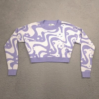 Hollister Womens Sweater XS Purple White Floral Cropped Knit Cotton Retro - Image 1 of 4