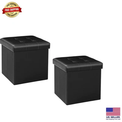 Elegant 12.6" Square Faux Leather Ottoman with Hidden Storage - Black, Set of 2 - Image 1 of 4