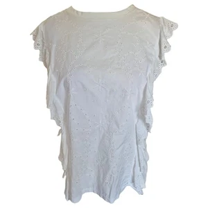 M&S White Broderie Anglaise Ruffle Sleeveless Summer Top Blouse UK14 Cottagecore - Picture 1 of 7