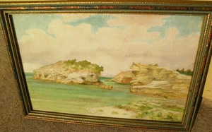 Bermuda Kunst altes Aquarell Landschaftsgemälde Küste von John Nicoll 1865-1943 - Bild 1 von 16