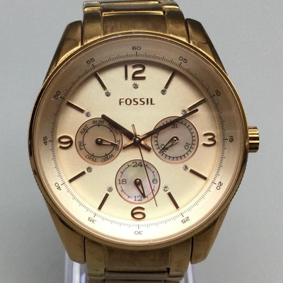 Fossil Justine BQ1073 手表女式金色多功能全新电池 6.5 — 第 1/4 张图片