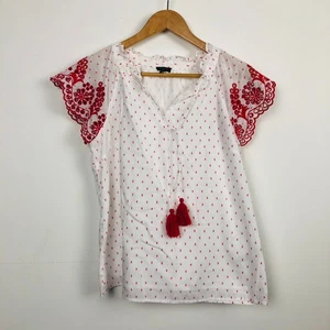 Talbots Women's Embroidered Short Sleeve Top Tassels Red White Size Small PETITE - Picture 1 of 6