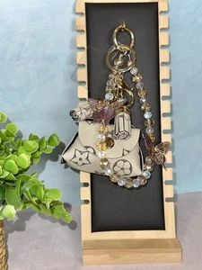 Tan Patterned Designed Purse & Phone Chain Strap Bag Charm Fancy Acrylic Bead - Zdjęcie 1 z 11