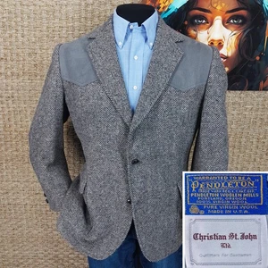 VTG PENDLETON Mens 44S WESTERN Herringbone Tweed Sport Coat SUEDE YOKE & ELBOWS - Picture 1 of 8