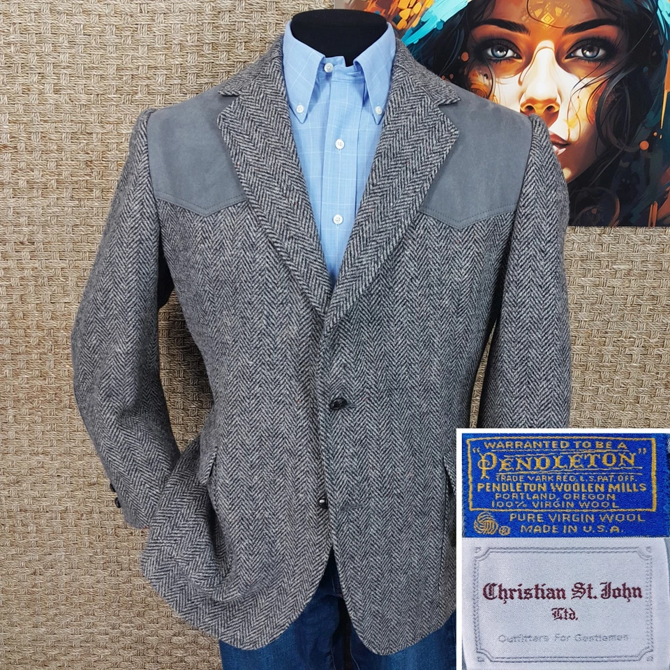 VTG PENDLETON Mens 44S WESTERN Herringbone Tweed Sport Coat SUEDE YOKE & ELBOWS - Image 1 of 4