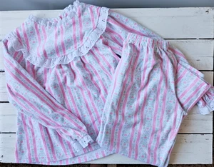 Lanz Pajama Set Girls XS 4-5 Pink Heart Stripe Flannel Eyelet Lace EUC - Picture 1 of 18