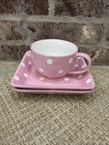 Pampered Chef Help Whip Cancer Pink & White Polka Dot Cup & Plate Set large mug - Picture 1 of 6