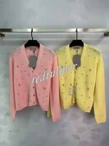 2024 Autunno/Inverno Nuovo Cardigan Lana Scollo a V Rosa Giallo SML - Foto 1 di 1