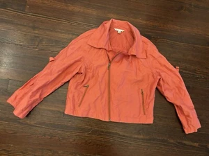 CAbi Cropped MOTO Zip JACKET Womens L Coat Peach Melon Coral Sheen Nylon LARGE - Picture 1 of 7