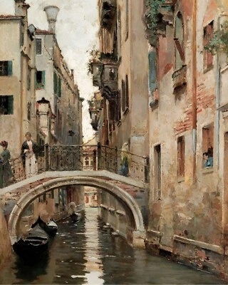 A Canal in Venice Vintage Cityscape Painting Giclee Print on Fine Art Paper - Image 1 of 4