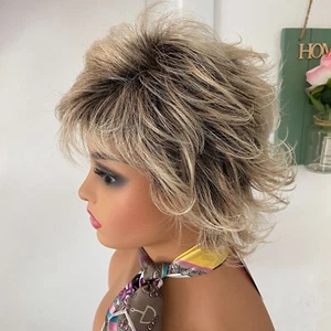 Rooted Spun Blonde Mix  Short Layered Wavy Synthetic Hair Wig Women Soft Daily - Picture 1 of 9