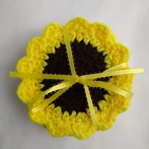 Handmade Crochet Sunflower Coasters Yellow Brown 5" Diameter Acrylic 4 Set New - Picture 1 of 4