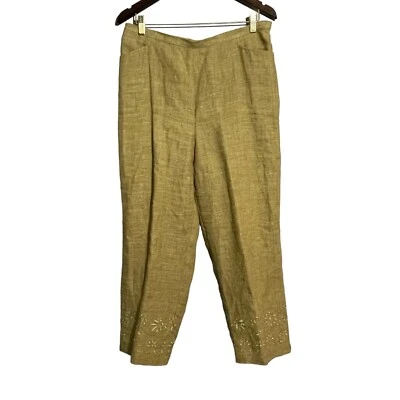 Pantalones chinos de lino retro Sigrid Olsen para mujer talla 14 verde bordado recto Foto 1 de 4