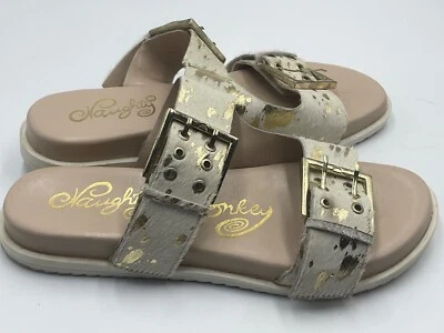 Naughty Monkey Women 8.5 Sandal Hey Pony White Print Hair Gold Buckle Flat Slide - Image 1 of 4