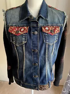 Montanaco Vintage Western Sequin Jean Denim Jacket Sweater Knit Sleeves Medium - Picture 1 of 8