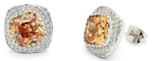 Fine Silver Plated & Rhodium Halo Stud Earrings w/ CZ Cushion Center - Picture 1 of 3