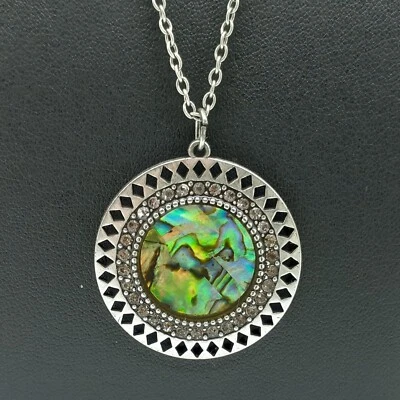 Collar Colgante 30" American Eagle Abulón Concha Redondo Tono Plata Estrás Foto 1 de 4