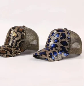 Women's Bling Animal Print Snap Back Hat Sequin Embellished Mesh Back- NEW - Picture 1 of 12