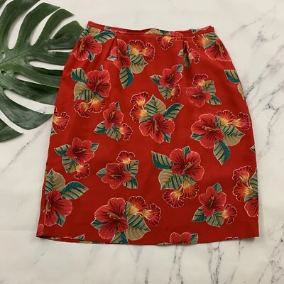 Dana Buchman Vintage 90s Silk Pencil Skirt Size M Red Tropical Floral Retro - Image 1 of 4