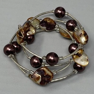 Bohemian Wrap Bracelet Brown Dyed Mother of Pearl Beads Silver Tone Tube Vtg - Picture 1 of 7