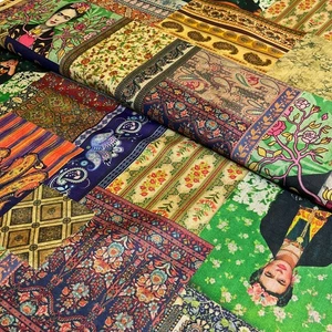 Vibrant Green Navy Potrait Panel Mexican theme faux mango silk fabric M2047-3 - Picture 1 of 2