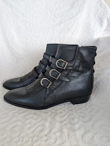 Modern Vice Jet Black Pebble Leather Ankle Boots 39.5 9.5 Womens Stud Buckle - Picture 1 of 6
