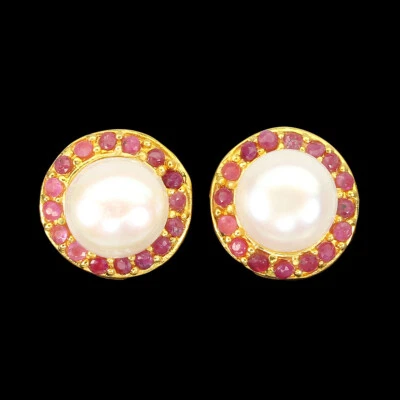 925 Sterling Silver Round Ruby 1.5 Pearl 14k Gold Plate Earrings - Image 1 of 4