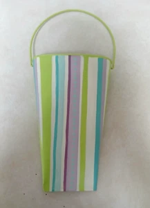 Painted Metal Wall Pocket Bucket with Handle Multicolor Stripes Dots 9.25" - Picture 1 of 14