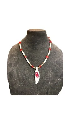 Oklahoma Sooners OU Beaded Necklace Crimson White Glass Beads Feather - Image 1 of 3