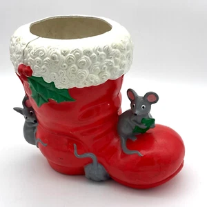 Vintage 1973 Keramik Weihnachtsmann Stiefel mit Mäusen Übertopf/Mittelstück Weihnachten Blumen - Bild 1 von 6