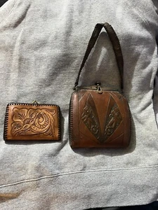 Antique 1910 Meeker Made Floral Leather Purse W/1950s Tool Wallet W/Coin Clasp - Picture 1 of 13