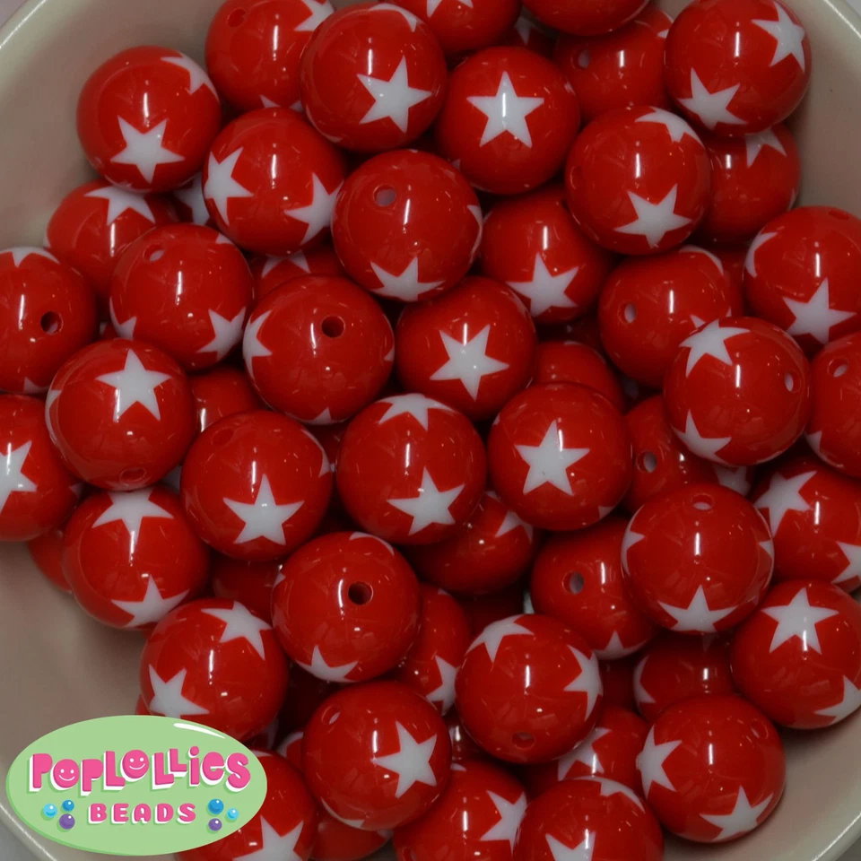 Cuentas gruesas de goma de mascar de resina con estampado de estrellas blancas ROJAS 20 piezas Foto 1 de 1