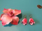 Pink Metal Flower Brooch & Earrings Large & Beautiful!! Free Ship to USA 