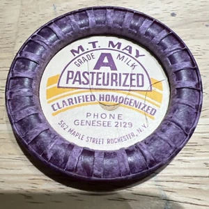 M.T. vintage May Dairy Rochester, NY tappo bottiglia latte raro viola - Foto 1 di 7