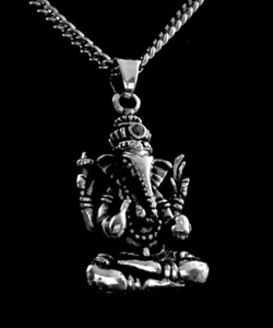 Wunderschön detaillierter versilberter Ganesh Anhänger mit Edelstein 69 cm Halskette - Bild 1 von 4