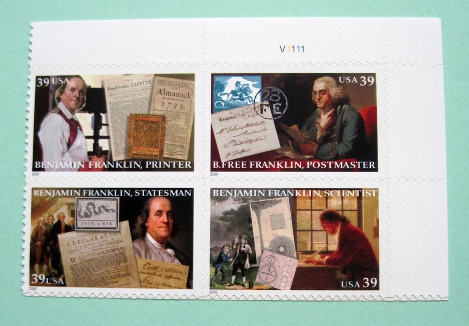 Sc # 4021-4024 ~ Plate # Block ~ 39¢ Benjamin Franklin Issue - Image 1 of 1