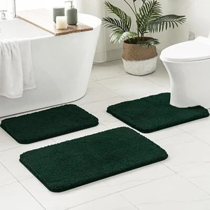 Dark Green Bathroom Rug and Mat Set Extra Thick Non-Slip Microfiber Bath Mat - Picture 1 of 7