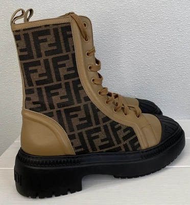 Botas de combate Fendi Domino con cordones para mujer talla 10 Jacquard lona cuero 50 mm Foto 1 de 4