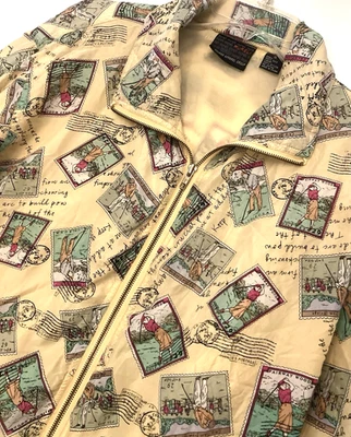 Vtg 90s Mureli Windbreaker Jacket Womens S Yellow Silk Postal Stamp Golf Print - Image 1 of 4