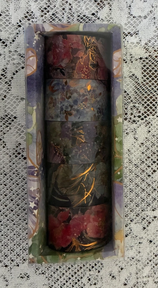 5 ROLLS PURPLE FLORAL WASHI TAPE WITH GOLDEN FOIL HIGHLIGHTS 2.5 CM WIDE NEW - image 1 of 1