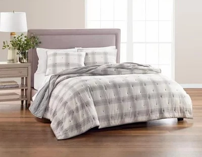 Martha Stewart "Tufted клетку" 3 ПК F/Q лоскутное одеяло и наволочки комплект хлопок, слоновой кости/серый новый с Ярлыками - Изображение 1 из 4