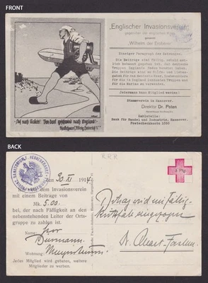 GERMANY 1914, Postcard Fieldpost, Red Cross, 'English invasion club', Propaganda - Image 1 of 3