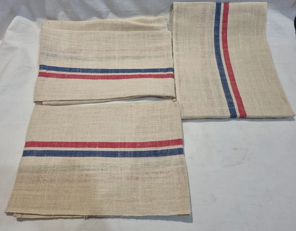 3 Anciens Torchons en Métis / Liteaux Bleu et  Rouge NEUFS 85 x60  cm / FRENCH - Photo 1/2