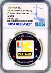 PAC-MAN 40th ANNIVERSARY 2020 NIUE 1oz SILVER COIN $2 NGC MS 70 FR COLORIZED - Picture 1 of 3