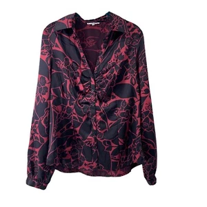 Nicola Silky V Neck Collared Button Front Dress Shirt Womens L Red Black Floral - Picture 1 of 6