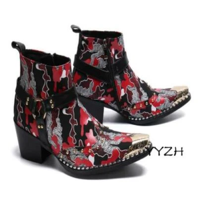 Para hombres Cremallera Metal Punta Cuero Cubano Tacones Medianos Zapatos de Boda Botines Foto 1 de 4