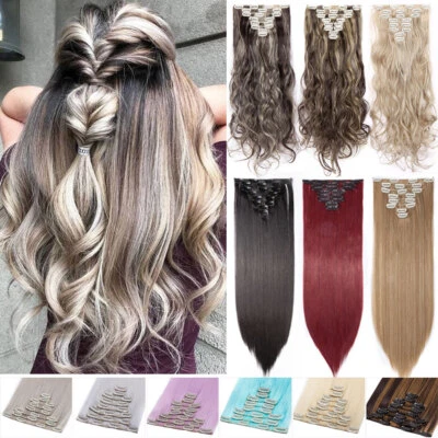 ELAILITE UK 8PCS Clip in 100% Real Natural as Human Hair Extensions 18 Clips On Long Wavy